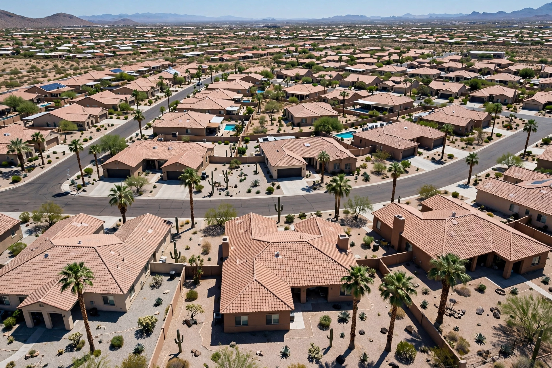 Aerial view of Phoenix Arizona homes with terracotta tile roofs