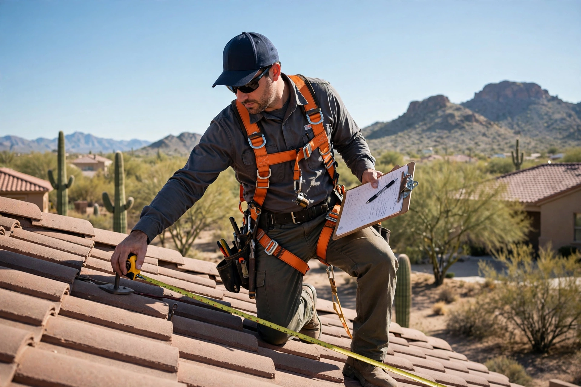 Roofer measuring a residential roof during an inspection