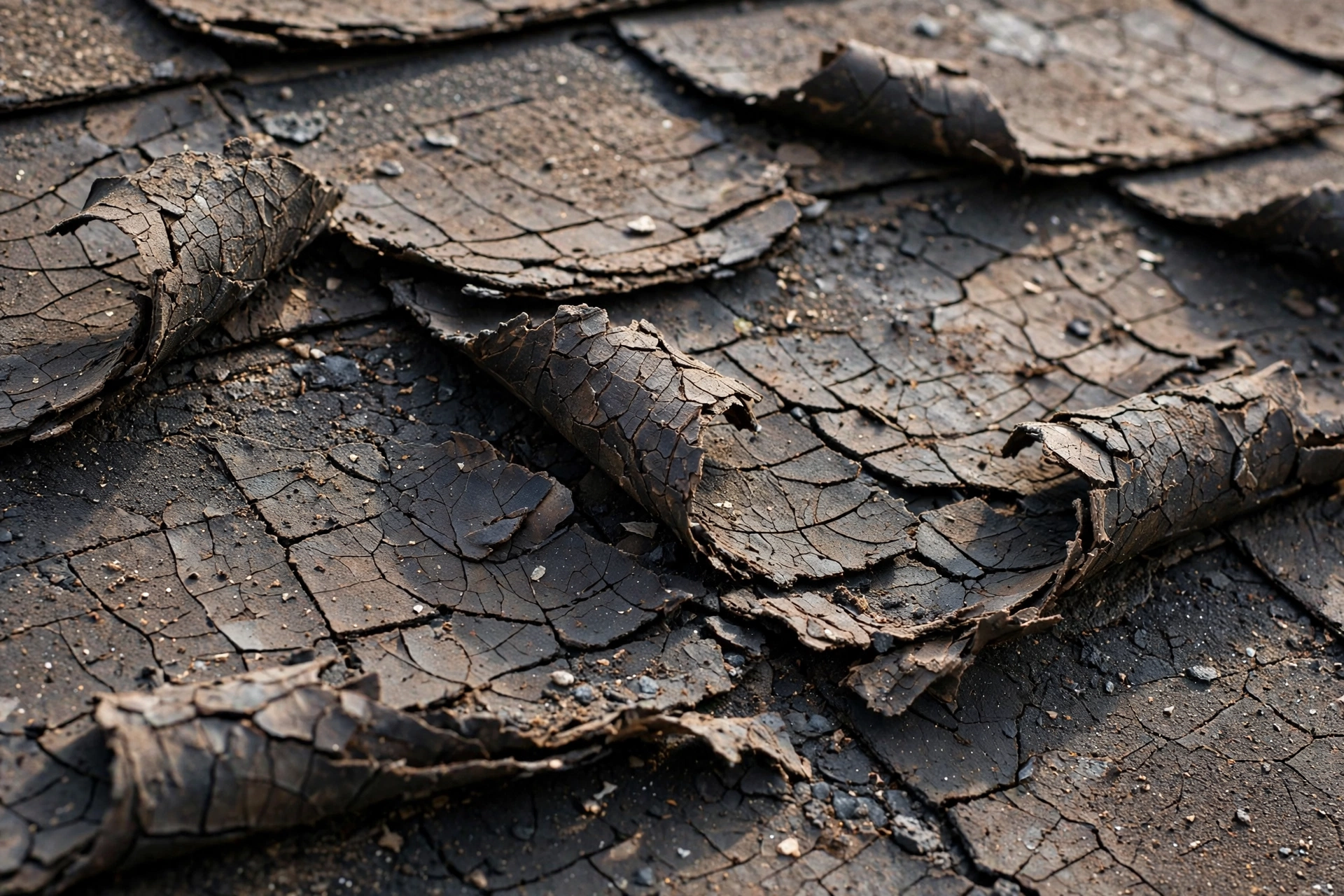Heat-damaged asphalt shingles with curling edges and cracks