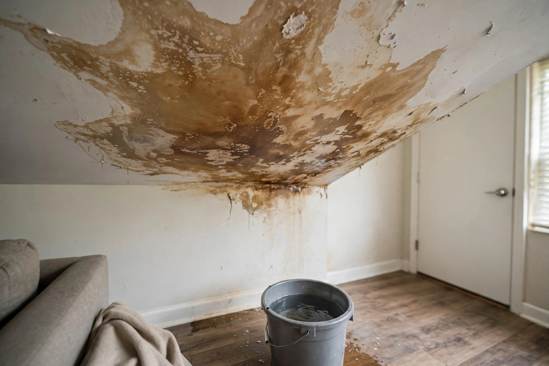 Ceiling water stain from a roof leak with bucket below