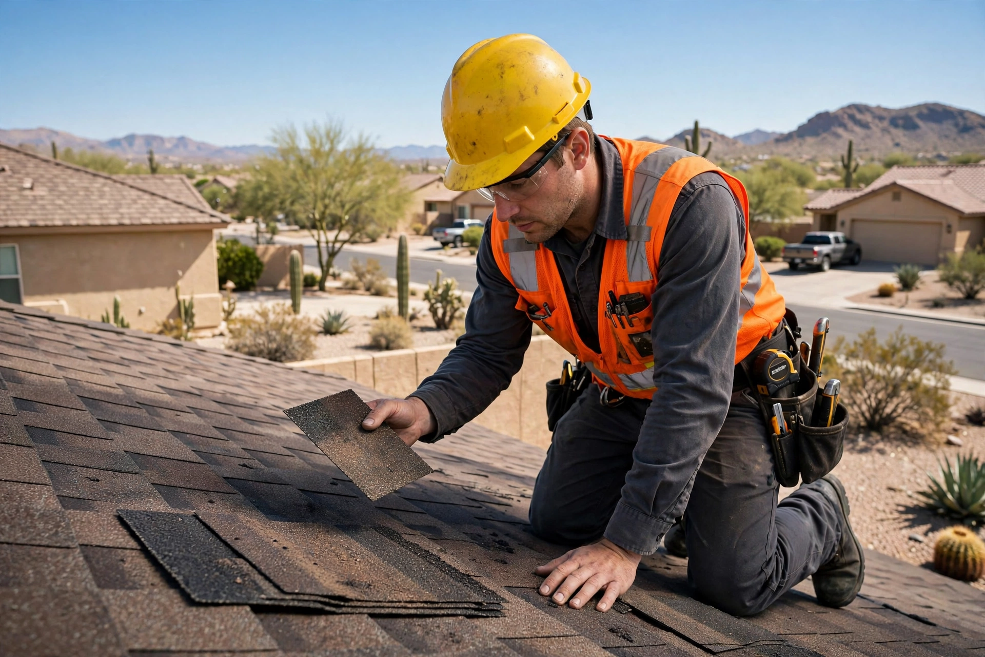Roof inspector examining asphalt shingles on a residential roof