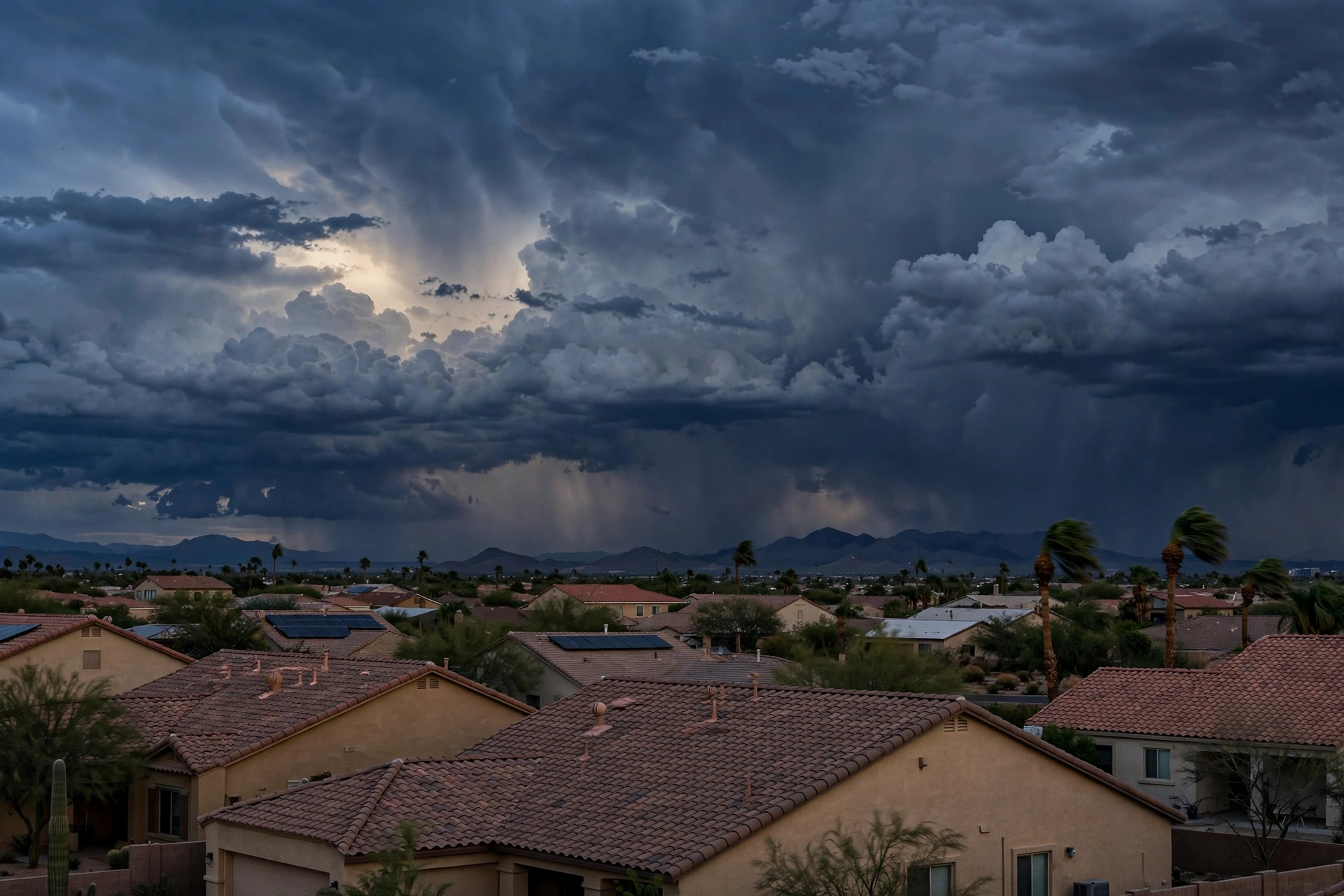 Monsoon storm clouds gathering over Phoenix rooftops at dusk