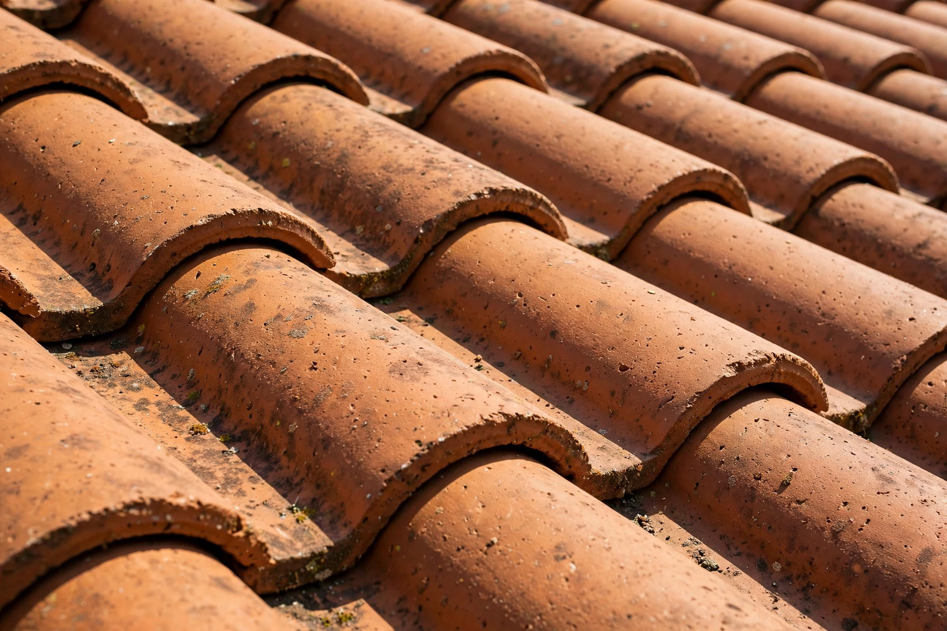 Close-up of curved terracotta concrete roof tiles